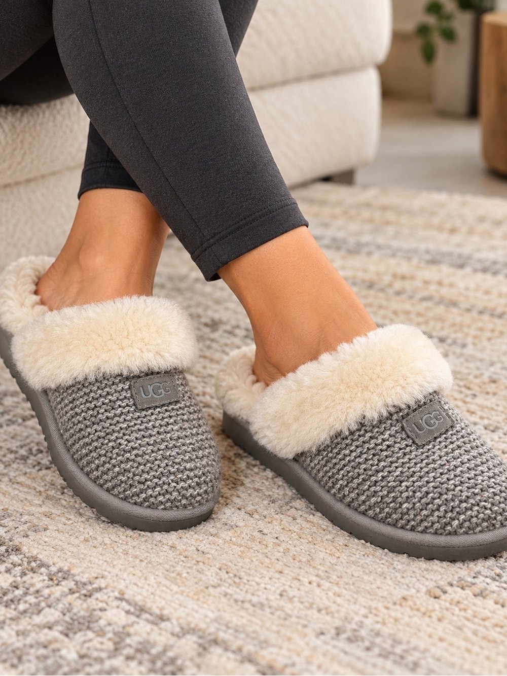 UGG Women's Gray Knit Slippers with Cream Shearling Collar